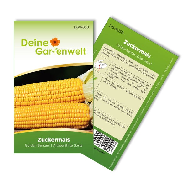 Informationen zu Maissamen: Aussaat Mai bis Juni, Ernte Juli bis Oktober, Höhe circa 200 Zentimeter. Inhalt reicht für circa 12 Pflanzen.