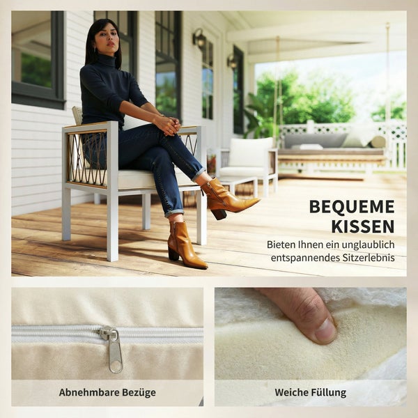 Moderner weißer Gartensessel mit beigen Kissen auf Holzterrasse sowie Detailansichten von abnehmbarem Bezug und weicher Füllung.