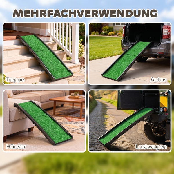 Hunderampe mit grünem Antirutsch-Belag in vier Einsatzszenarien: an einer Treppe, einem Auto, einem Sofa und einem Lastwagen.