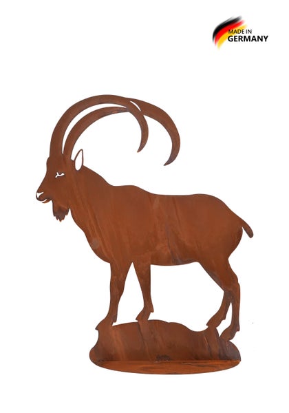 Gartenfigur Steinbock aus Edelrost als dekorative Gartenstele mit Hergestellt in Deutschland Siegel