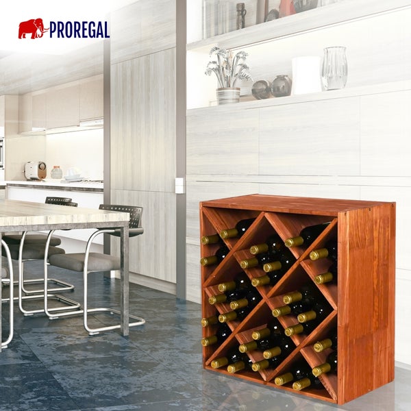 PROREGAL Logo. Weinregal aus Holz mit rautenförmigen Fächern und Weinflaschen in einer hellen, modern eingerichteten Küche mit Tisch und Stühlen.