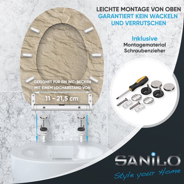 WC-Sitz in Stein-Optik, Montage von oben, inklusive Werkzeug, für Lochabstände von 11 bis 21,5 Zentimeter. Sanilo Logo.