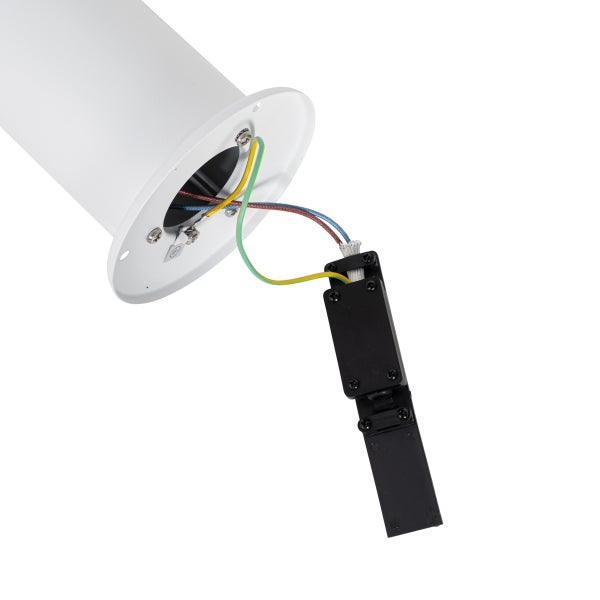 Sockel einer weißen zylindrischen Leuchte mit Kabeln und schwarzer Anschlussdose.