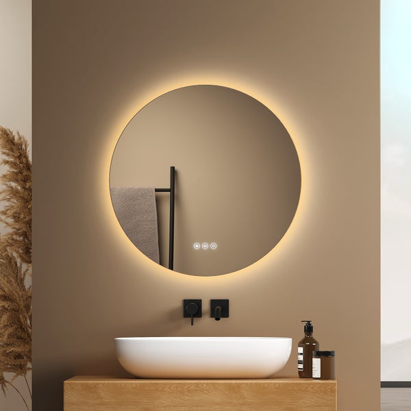 EMKE Badspiegel mit Beleuchtung Ø50 cm, 3 dimmbare Lichtfarbe, Helligkeit stufenlos dimmbar, Anti-Beschlag, Touchschalter, IP44, rostfreier Spiegel, für Badezimmer