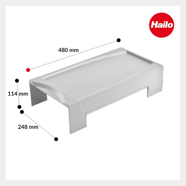 Hailo Podest aus grauem Kunststoff mit Maßen: 480 Millimeter Länge, 114 Millimeter Höhe und 248 Millimeter Breite. Hailo Logo.