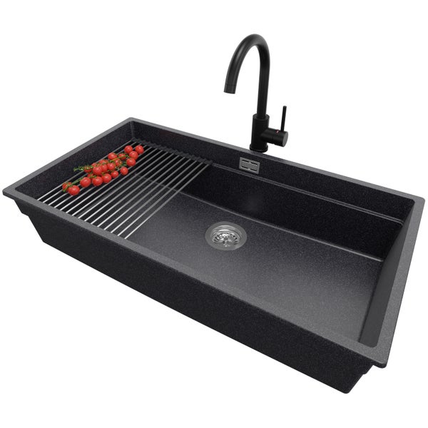 PRIMAGRAN Granitspüle Anthrazit 86x47cm, Spülbecken 1 Becken + Küchenarmatur 32x20cm + Ablauf-Set + Aufrollbare Abtropffläche, Küchenspüle ab 90er Unterschrank - Praga Slim
