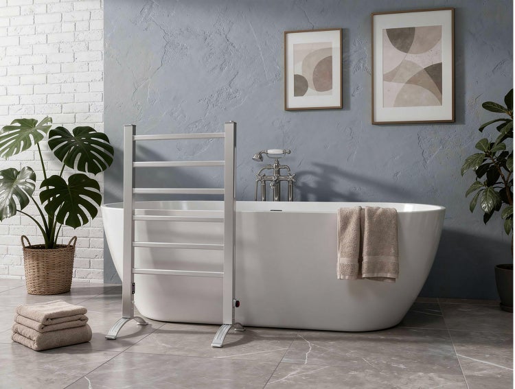 Badezimmer mit freistehender Badewanne, Handtuchwärmer und Zimmerpflanzen