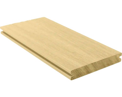 Terrassendiele mit Holzmaserung und seitlichen Nuten für die Montage.