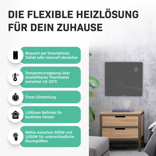 Flexible Heizlösung für zu Hause mit Smartphone-, Tablet- oder manueller Steuerung, Temperaturregelung zwischen 15 und 35 Grad, Timer, geräuschlosem Betrieb und Leistungswahl zwischen 500 und 1000 Watt.