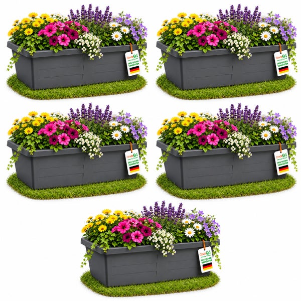 Fünf Blumenkästen aus Kunststoff, bepflanzt mit einer Mischung aus bunten Sommerblumen, mit Produktanhänger des deutschen Verkäufers.