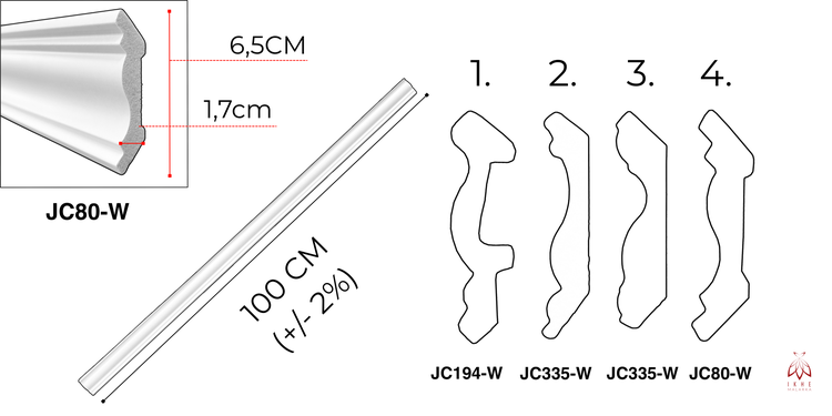 Übersicht verschiedener Zierleistenprofile mit den Bezeichnungen JC194-W, JC335-W und JC80-W, jeweils 100 cm lang