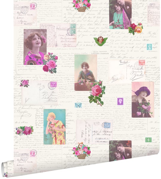 ESTAhome Tapete vintage Postkarten Rosa und Türkis - 53 cm x 10.05 m - 138126