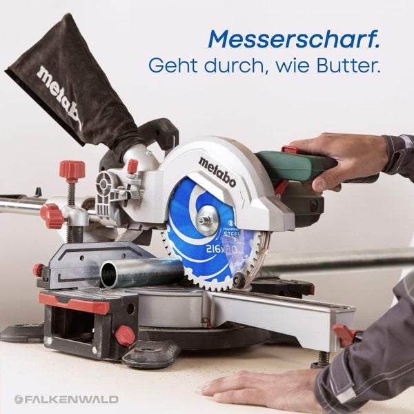 FALKENWALD® Sägeblatt 216x30 Stahl 50 Zähne - Kreissägeblatt 216x30 Stahl - Kompatibel mit Metabo KGS 216 M, Bosch GCM 8 SDE, PCM 8S Kappsäge - HM Kreissägeblatt 216 x 30 mm