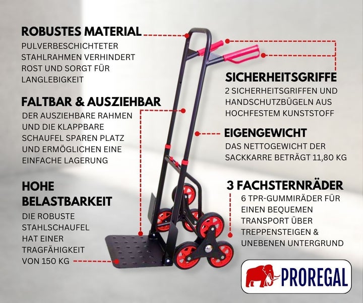 PROREGAL Klappbarer Profi-Treppensteiger TAURUS 150 HxBxT 110 x 45 x 61 cm Traglast 150 kg Stahlrahmen Ergonomische Griffe TPR-Gummiräder Rot-Schwarz