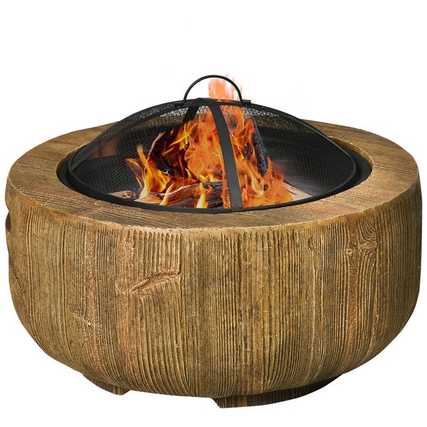 Outsunny Feuerschale, Feuerstelle mit Deckel, Feuerkorb mit Schürhaken, im Baumstumpf-Design, für Garten, Camping, Terrasse, Stahl, MgO, Braun
