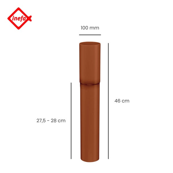 Inefa Logo. Fallrohr aus Kunststoff mit einem Durchmesser von 100 Millimeter und einer Gesamtlänge von 46 Zentimeter.
