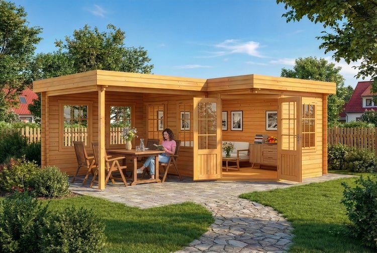 Gartenhaus aus Holz mit Flachdach, integrierter Terrasse mit Sitzgruppe und angrenzendem Innenraum mit Glastüren in einer Gartenanlage.