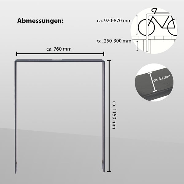 Abmessungen eines Fahrradständers mit den Maßen circa 760 mm Breite und circa 1150 mm Höhe