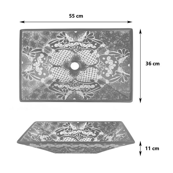 Aufgesetztes Waschbecken mit Blumendekor und Maßangaben