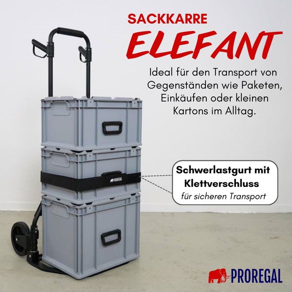 PROREGAL Klappbare Profi-Sackkarre ELEPHANT HxBxT 115x50x53cm Traglast 150kg Aluminiumrahmen, ergonomische Griffe, TRR Fachgummiräder Schwarz