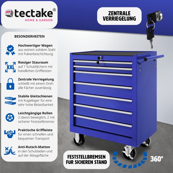 Werkzeugwagen tectake  Rollen Ø 100 mm 7 kugelgelagerte Schubladen mit Antirutschmatten blau