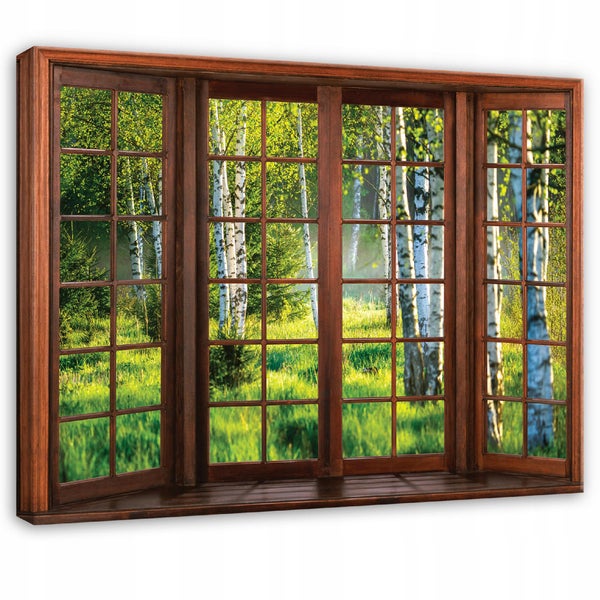 Wandbild mit Fensterblick auf einen Birkenwald in einem dunklen Holzrahmen.