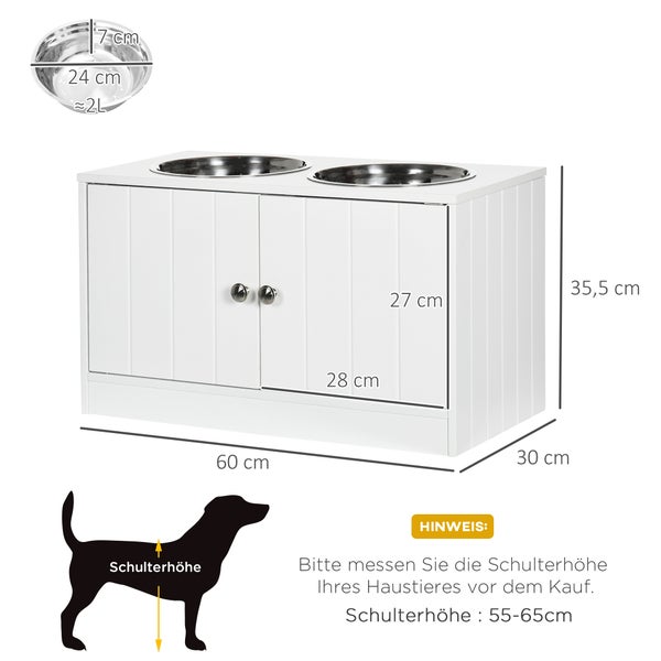 PawHut Hundenäpfe, Erhöhte Futterstation mit 2 Edelstahlschüsseln, Hundenapfständer mit 44L Stauraum, Magnettüren, Fressnapf, Wassernapf für große Hunde, Weiß