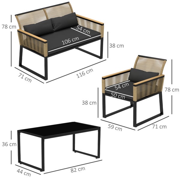 Outsunny Polyrattan Gartenmöbel Set 4 Personen, wetterfest Balkonmöbel-Set mit 2er Sofa, 2 Stühle Glastisch Sitzkissen, Outdoor Sitzgruppe, Terrassenmöbel Gartengarnitur für Garten Balkon, Schwarz