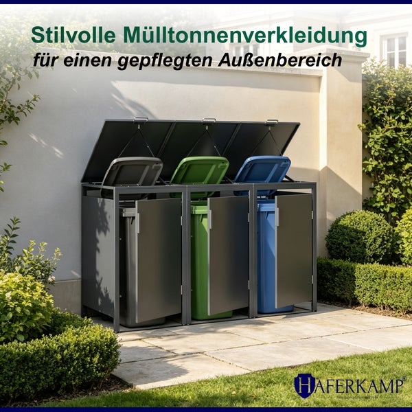 Mülltonnenbox für drei Mülltonnen in einem gepflegten Garten, Haferkamp Logo.