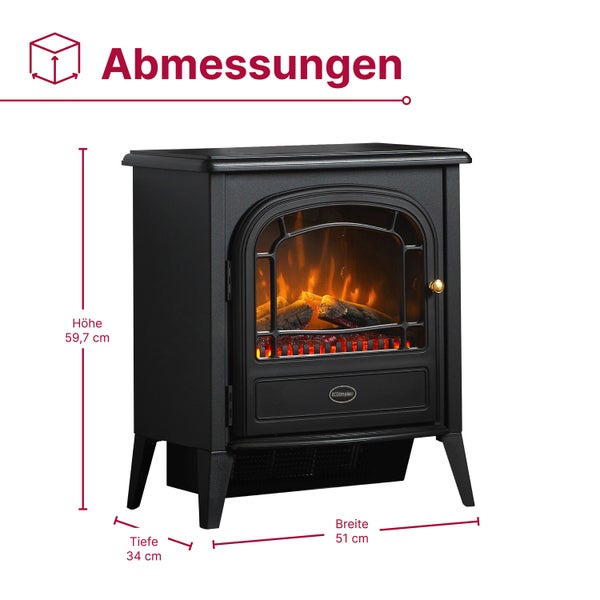 Elektrischer Kaminofen Dimplex mit Abmessungen: Höhe 59,7 Zentimeter, Breite 51 Zentimeter und Tiefe 34 Zentimeter.