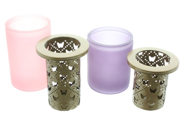 FRANK FLECHTWAREN | Teelichthalter Schmetterling, 2er Set, GLAS, METALL, 8,5 x 8,5 x 12 cm, 10 x 10 x 14 cm