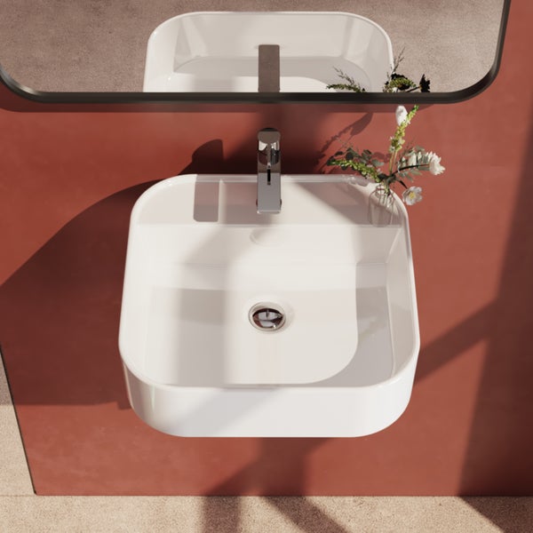 EMKE Aufsatzwaschbecken 400x400 mm, Keramik, Eckiger Waschtisch mit Hahnloch, Pflegeleicht, für Wand- oder Aufsatzmontage, Glänzend Weiß, für Badezimmer