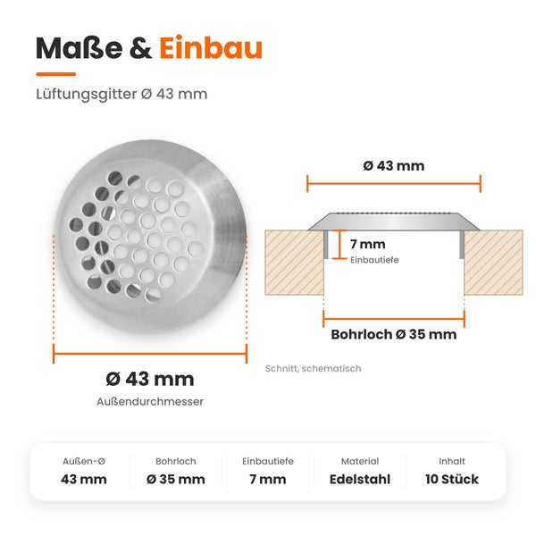 Technische Zeichnung Lüftungsgitter mit 43 Millimeter Durchmesser, 35 Millimeter Bohrlochdurchmesser und 7 Millimeter Einbautiefe aus Edelstahl.