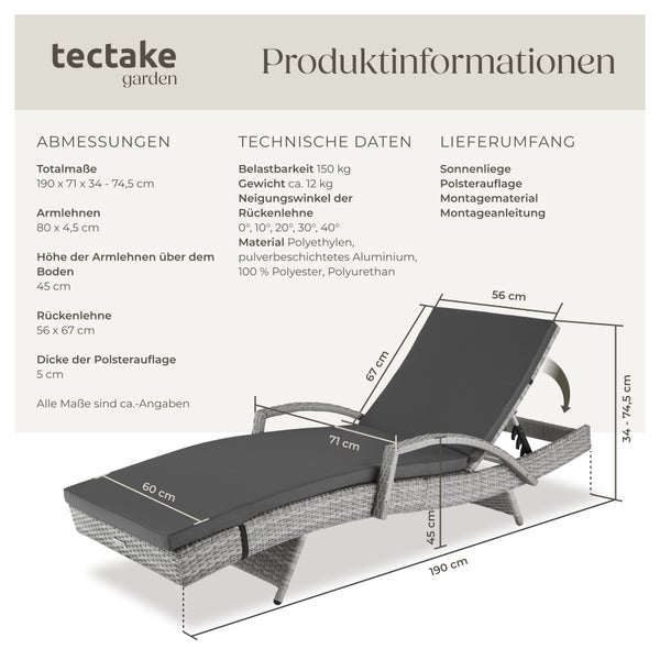 Rattan Sonnenliege tectake Océane 190 x 71 x 34 – 74,5 cm mit Aluminiumgestell hellgrau