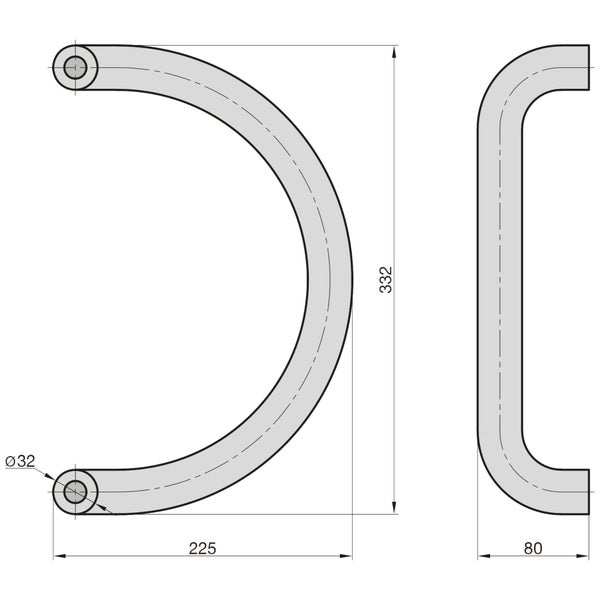 BASI Stoßgriff SG 7000 Halbrund aus Edelstahl Ausladung 225 mm Achsmaß 300 mm Durchmesser 32 mm für alle gängigen Hauseingangstüren inkl. Montageset zur einseitigen verdecktliegenden Befestigung