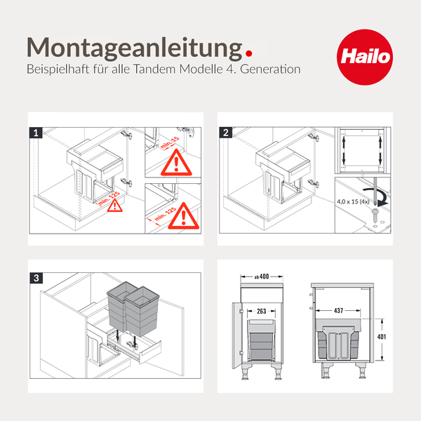 Hailo Logo. Montageanleitung für Tandem Abfallsammler mit technischen Zeichnungen, Maßen und drei Schritten zur Installation im Unterschrank.