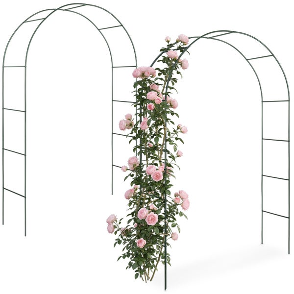 Ein runder Rankbogen aus Metall für den Garten, teilweise mit einer kletternden Rosenpflanze berankt.