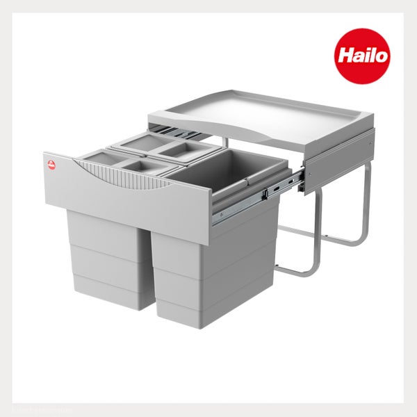 Hailo Mülltrennsystem mit Vollauszug, zwei Eimern und zwei Schalen auf Metallgestell. Hailo Logo.