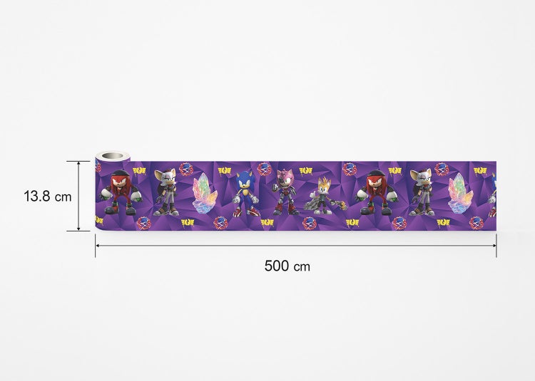 Selbstklebende Tapetenbordüre mit Sonic Prime Charakteren wie Sonic, Knuckles, Tails, Amy und Rouge auf violettem Hintergrund.