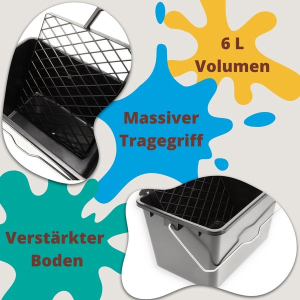 Farbeimer mit 6 Liter Fassungsvermögen, massivem Tragegriff, verstärktem Boden und Abstreifgitter.