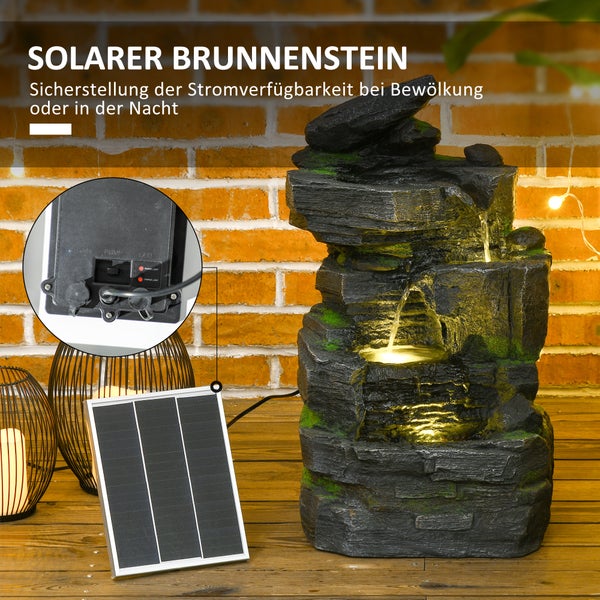 Outsunny Gartenbrunnen, Solar Springbrunnen mit 4 Stufen,  LED-Beleuchtung, für Garten, Balkon, 34 x 28 x 57 cm, Kunstharz, Dunkelgrau