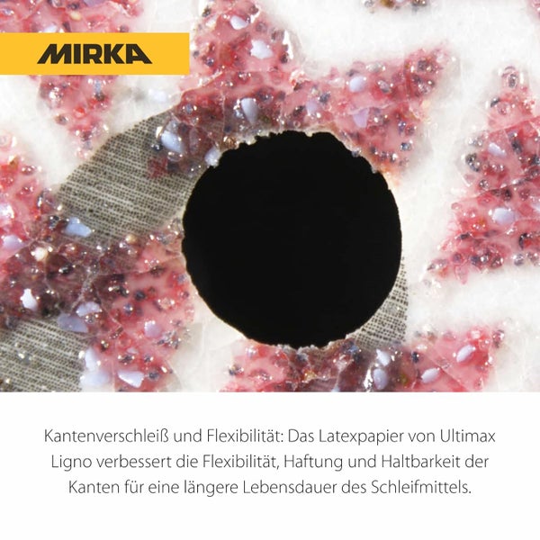 Mirka Logo und Detailansicht des Ultimax Ligno Schleifmittels mit Latexpapier für verbesserte Flexibilität und Kantenhaltbarkeit.