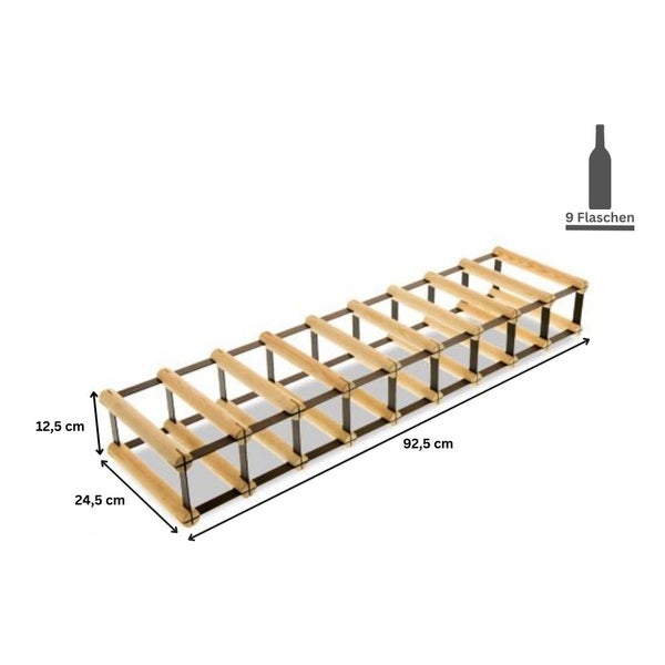 PROREGAL Modulares Weinregal Vinotega Mod Metal HxBxT 12,5 x 92,5 x 24,5 cm 9 x 1 Flaschen Massives Kiefernholz Braun Geölt