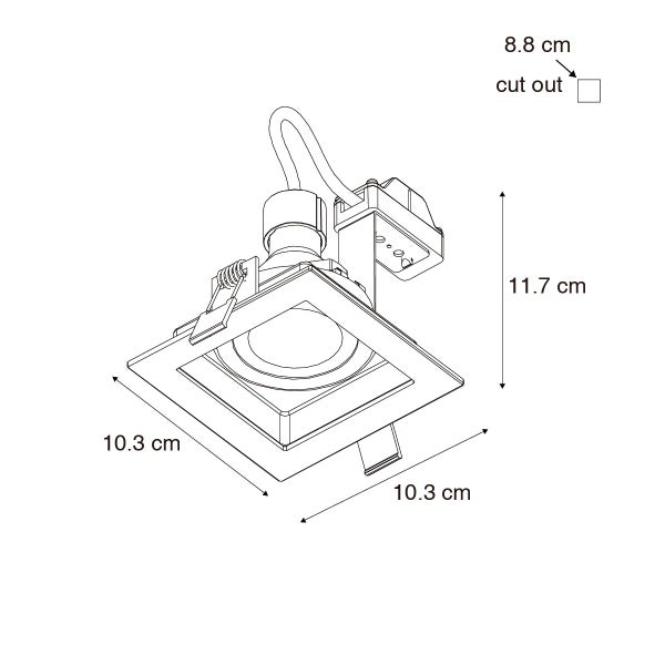 Technische Zeichnung quadratischer Einbaustrahler, Maße 10,3 mal 10,3 Zentimeter, Höhe 11,7 Zentimeter, quadratischer Ausschnitt 8,8 Zentimeter.