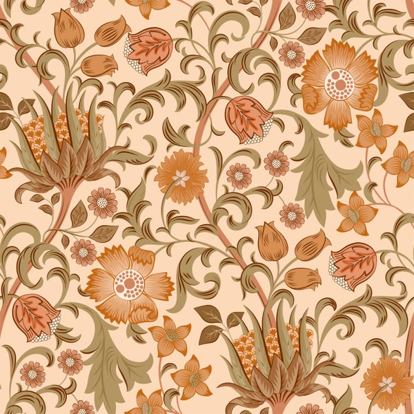 Florales Tapetenmuster mit stilisierten Blüten, Akanthusblättern und geschwungenen Ranken im Art-Nouveau-Stil.