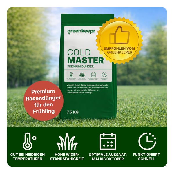 Sack Greenkeepr Cold Master Premium Rasendünger 7,5 Kilogramm für den Frühling mit Symbolen für Anwendungseigenschaften vor Rasen.