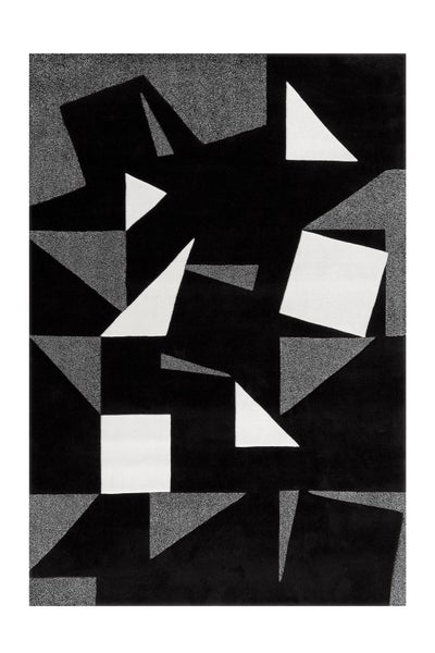 Moderner Teppich mit geometrischem Muster aus Dreiecken und Quadraten in einer abstrakten Komposition für Wohnräume.
