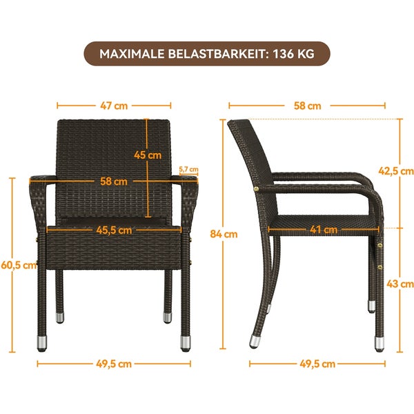 Abmessungen und maximale Belastbarkeit eines braunen Rattansessels