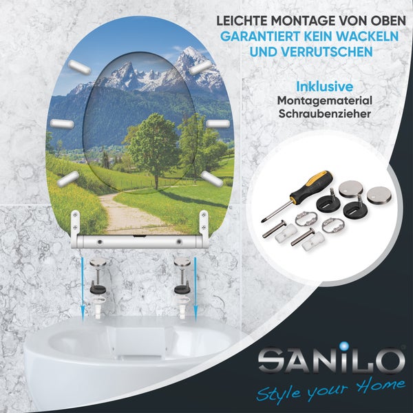 Toilettendeckel mit Gebirgslandschaftsmotiv, Montagematerial und Schraubendreher für einfache Montage von oben, Sanilo Logo.