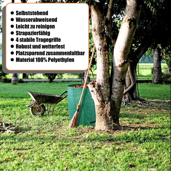 Gartenszene mit Laubsack, Besen und Schubkarre